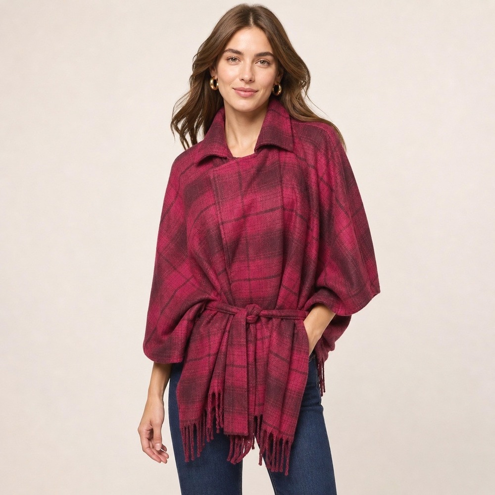 Isaac Mizrahi Womens‎ Plaid Belted Fringe Poncho Wrap Red One Size Cape Western